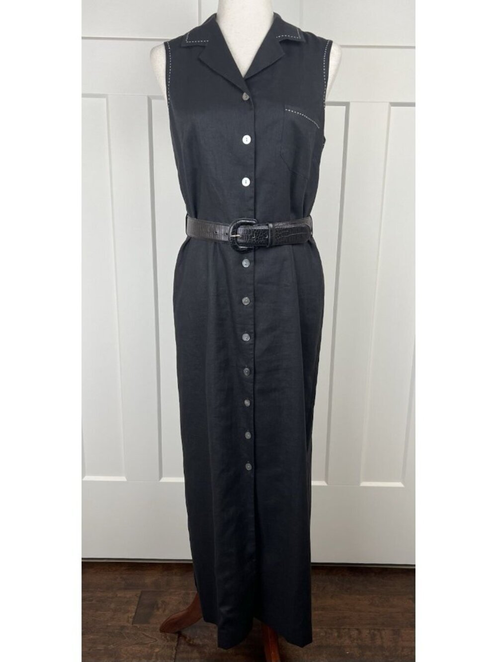 Vintage Harold’s Linen Shirt Dress Black Ivory Stitch Belted Midi Size 6 Sleek
